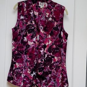 ANNE KLEIN Front Tie Purple/Black/White Abstract Design Blouse.